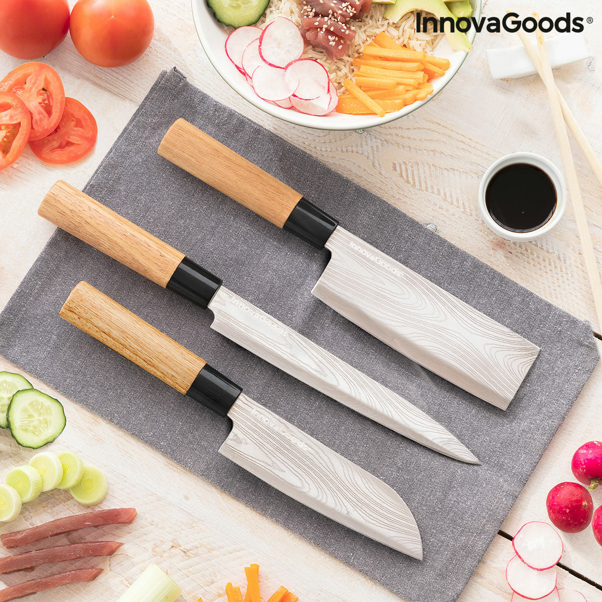 Damascus-Style Knife Set with Carry Case (3-Piece)