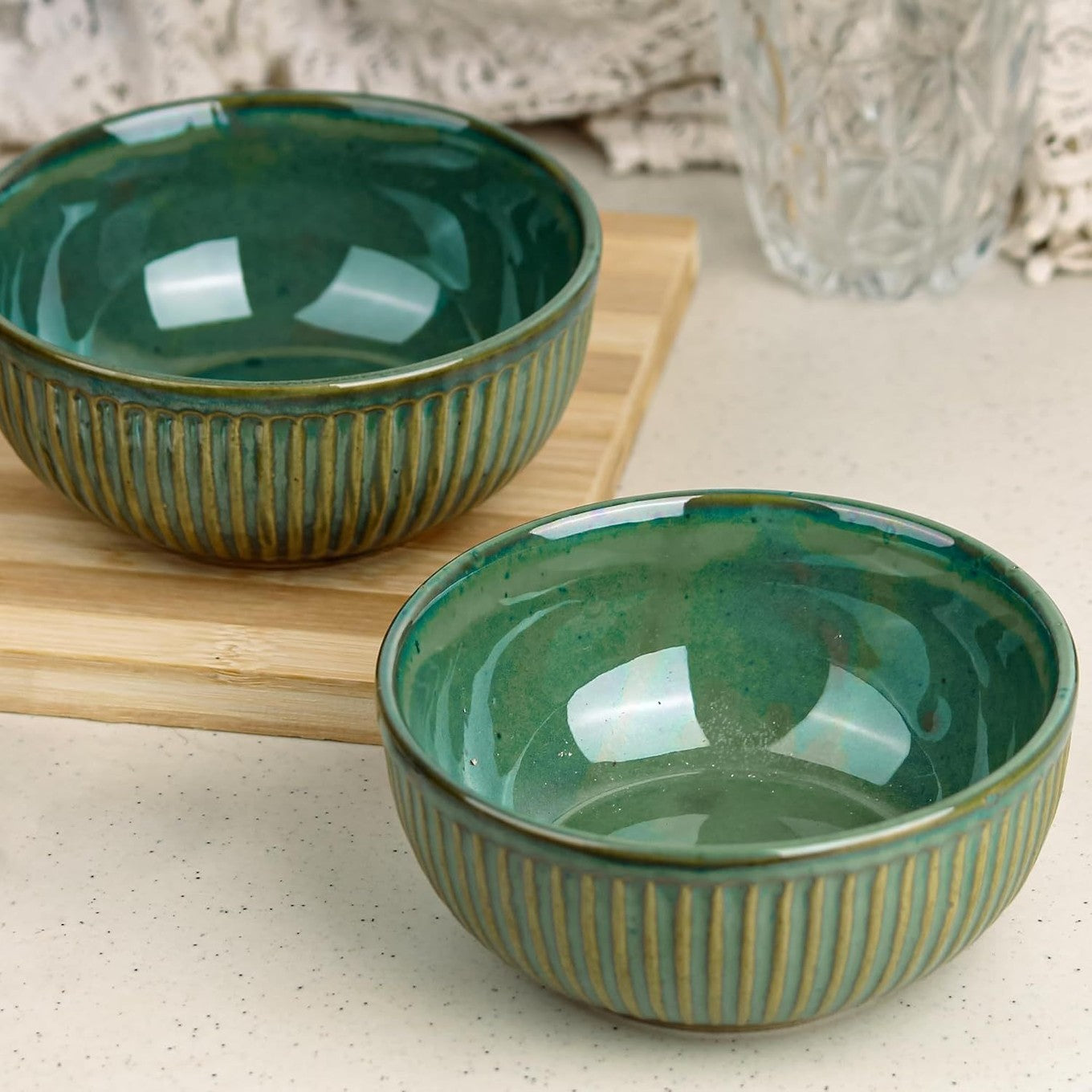 Green Ceramic Bowl Set (Set of 2, 500ml)